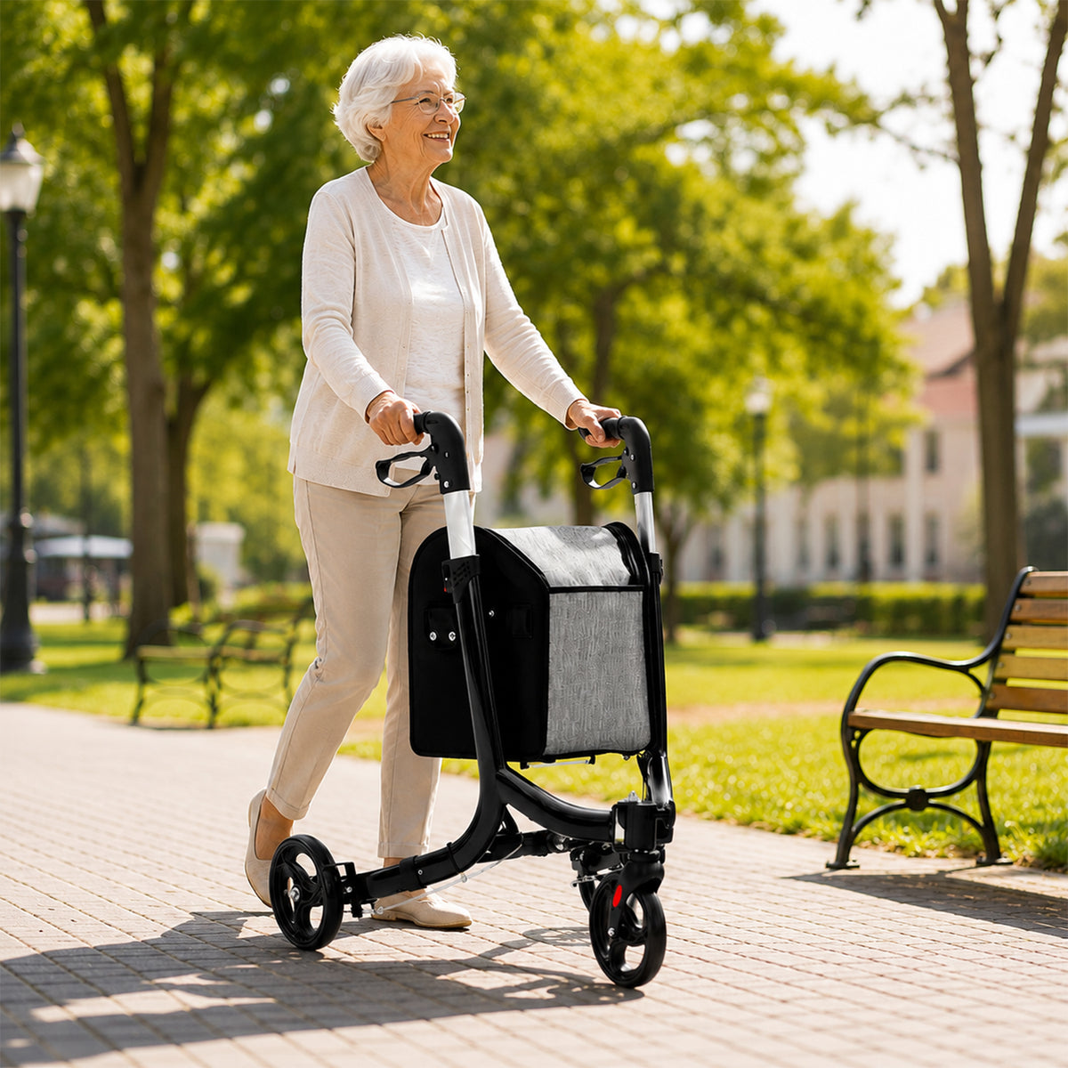 Aluminium Foldable 3 Wheel Rollator Walker with Zippered Bag Dual Brake System
