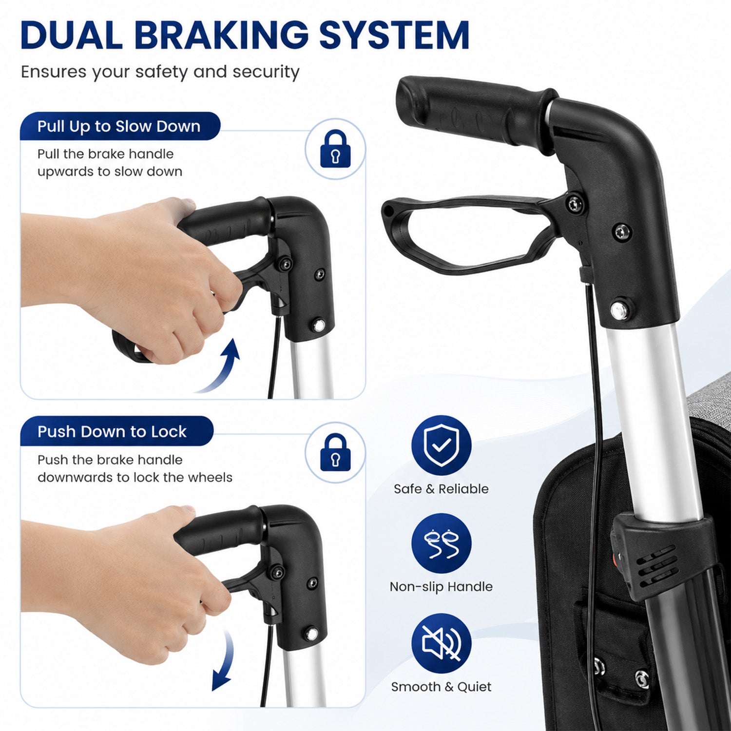 Aluminium Foldable 3 Wheel Rollator Walker with Zippered Bag Dual Brake System