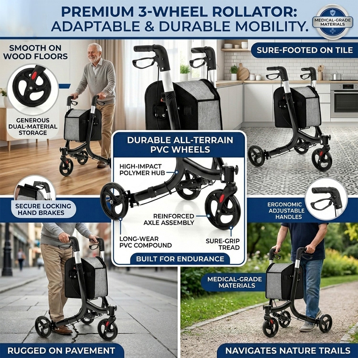 Aluminium Foldable 3 Wheel Rollator Walker with Zippered Bag Dual Brake System