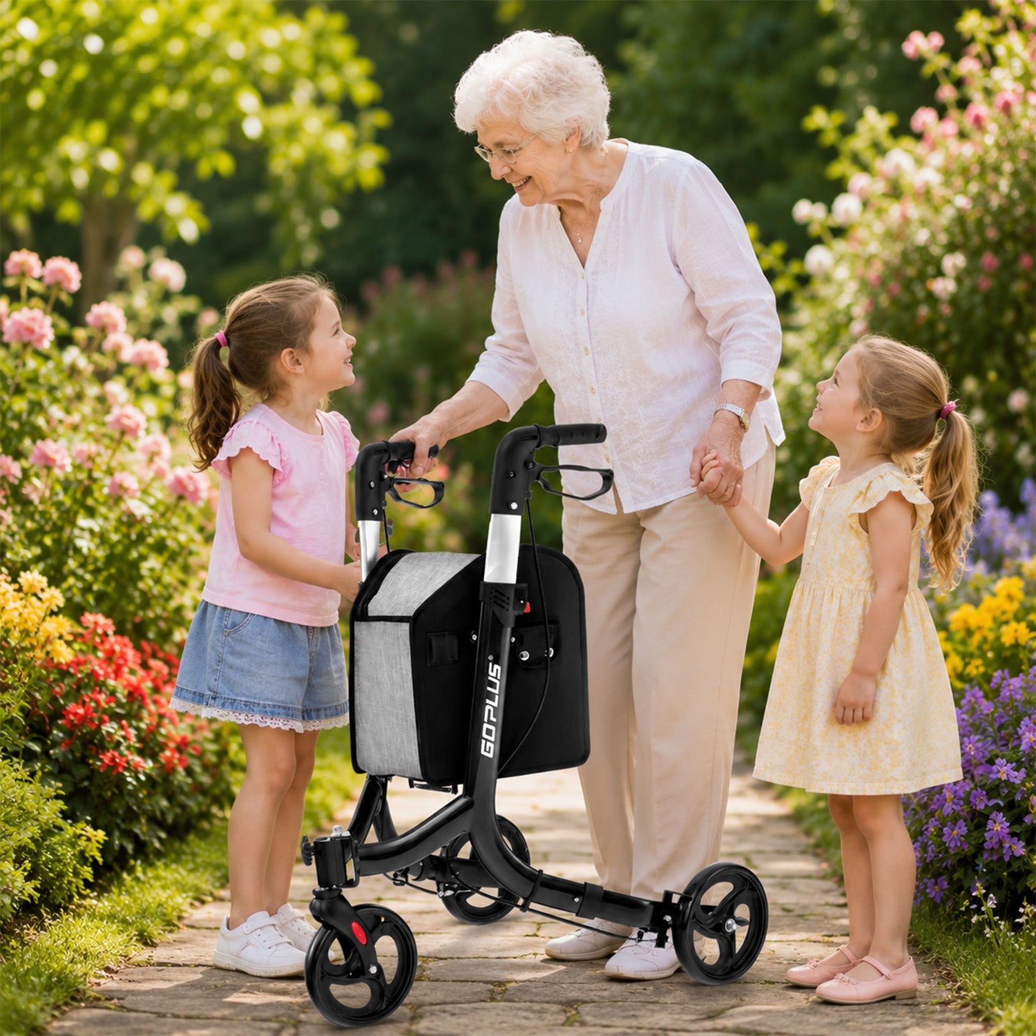 Aluminium Foldable 3 Wheel Rollator Walker with Zippered Bag Dual Brake System