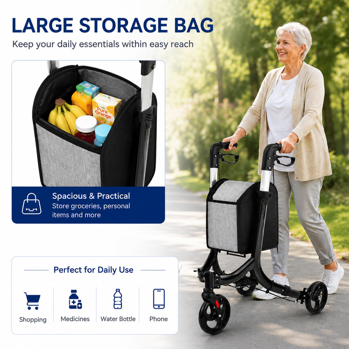 Aluminium Foldable 3 Wheel Rollator Walker with Zippered Bag Dual Brake System