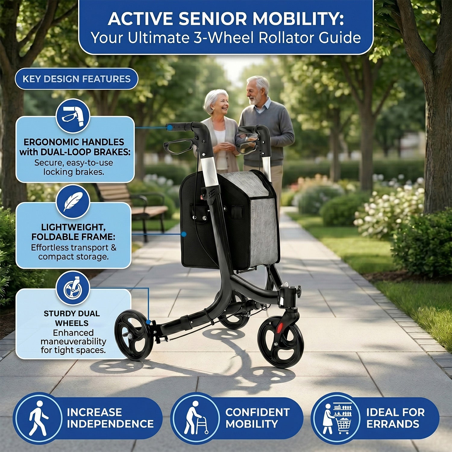 Aluminium Foldable 3 Wheel Rollator Walker with Zippered Bag Dual Brake System