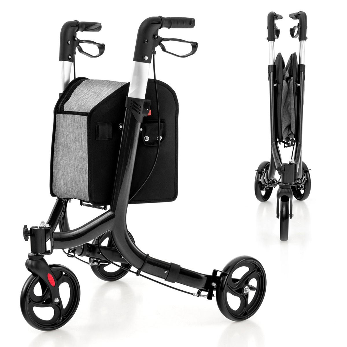 Aluminium Foldable 3 Wheel Rollator Walker with Zippered Bag Dual Brake System