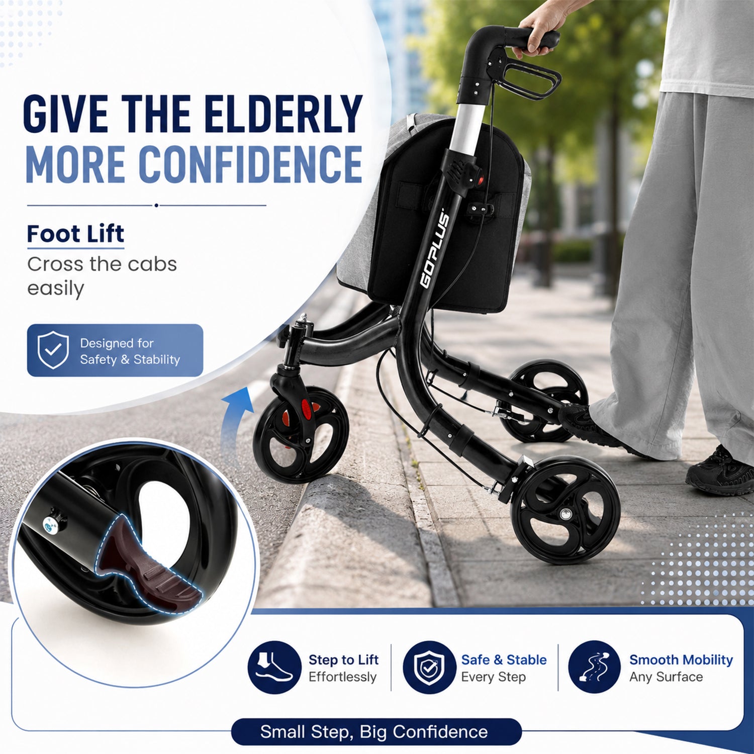 Aluminium Foldable 3 Wheel Rollator Walker with Zippered Bag Dual Brake System