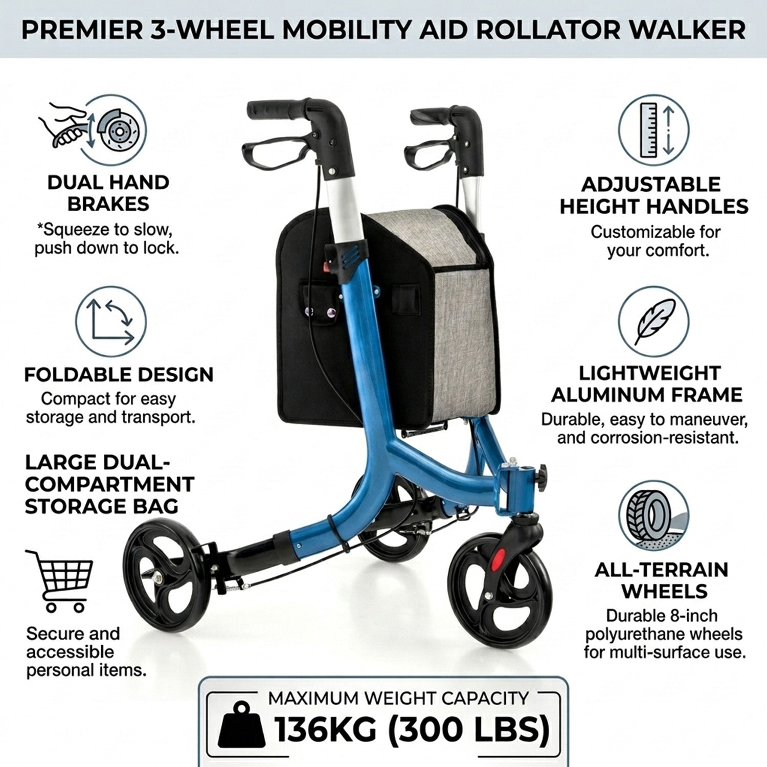 Aluminium Foldable 3 Wheel Rollator Walker with Zippered Bag Dual Brake System