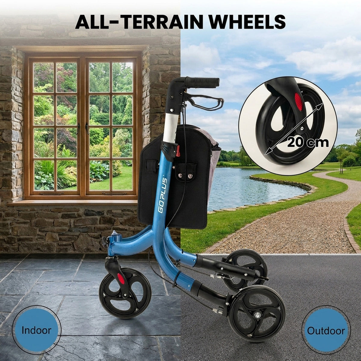 Aluminium Foldable 3 Wheel Rollator Walker with Zippered Bag Dual Brake System