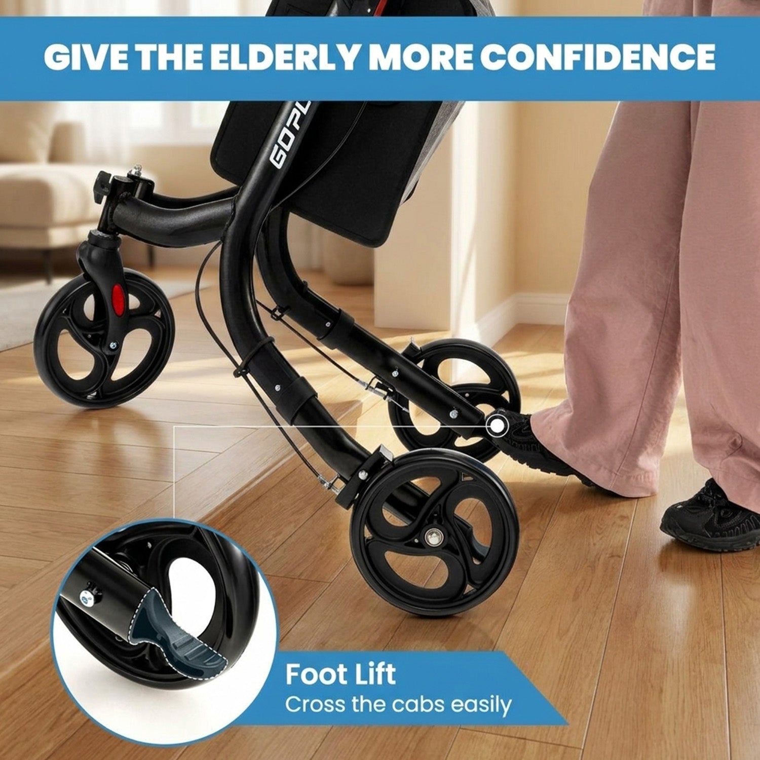 Aluminium Foldable 3 Wheel Rollator Walker with Zippered Bag Dual Brake System