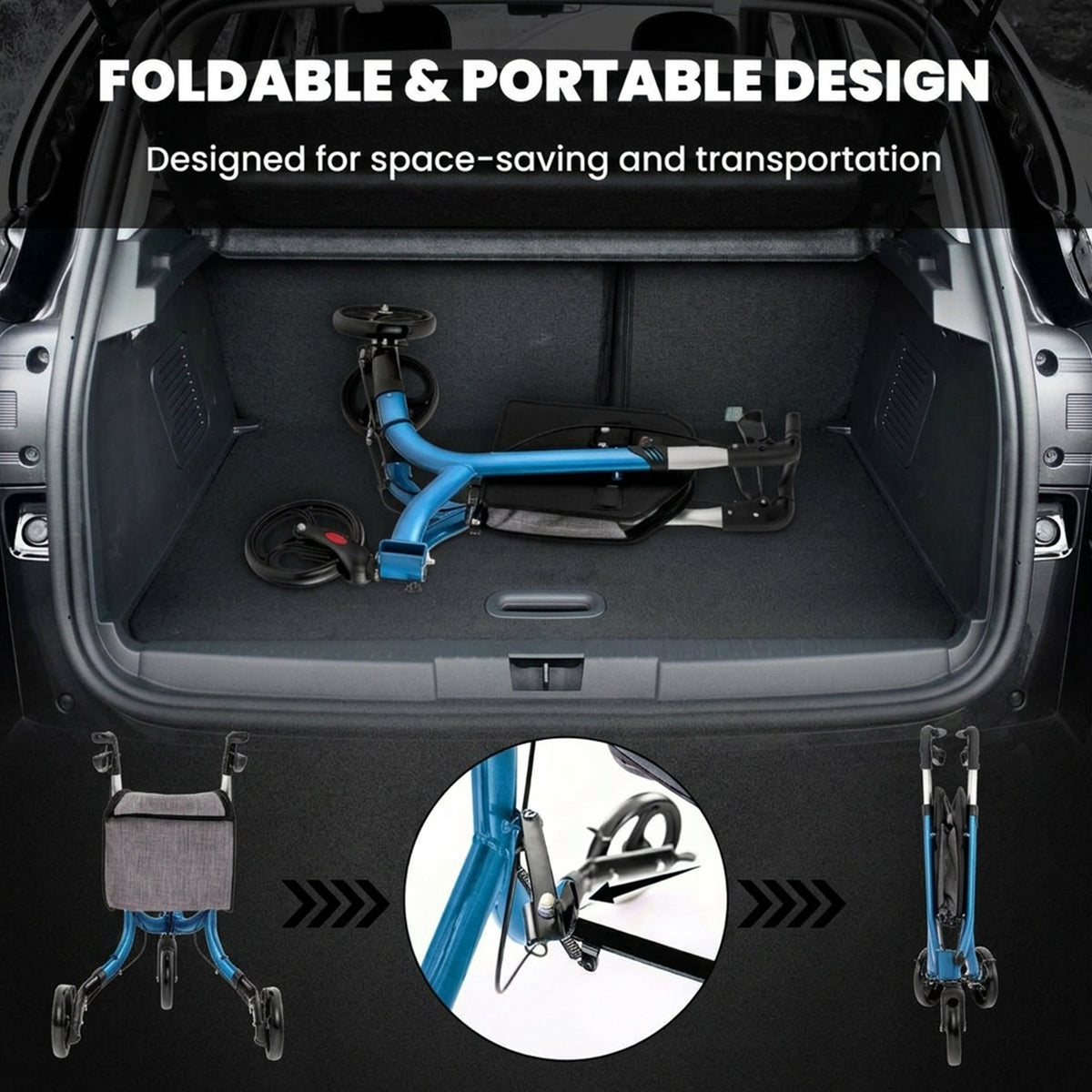 Aluminium Foldable 3 Wheel Rollator Walker with Zippered Bag Dual Brake System