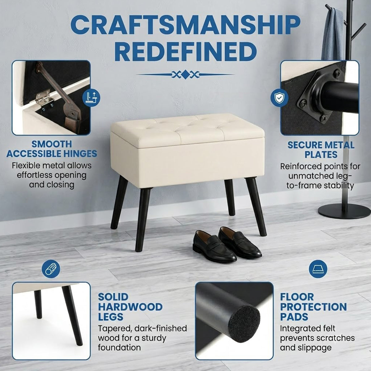 Velvet Storage Ottoman Flip Top Footrest Upholstered Stool Solid Wood Legs