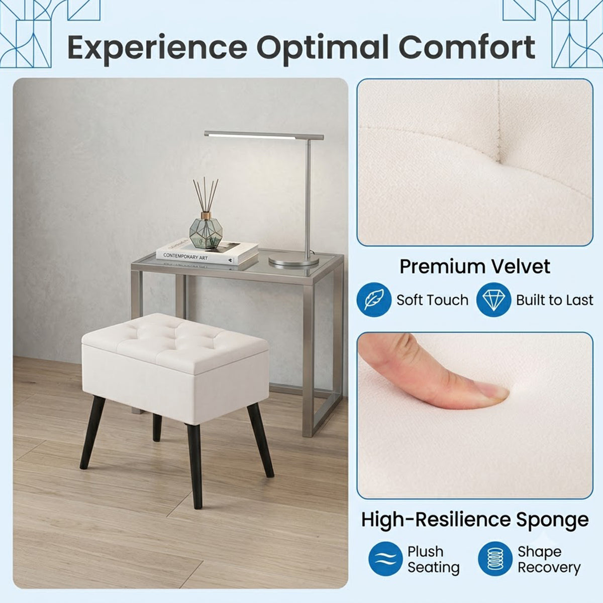 Velvet Storage Ottoman Flip Top Footrest Upholstered Stool Solid Wood Legs