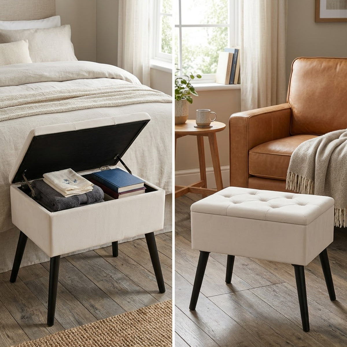 Velvet Storage Ottoman Flip Top Footrest Upholstered Stool Solid Wood Legs