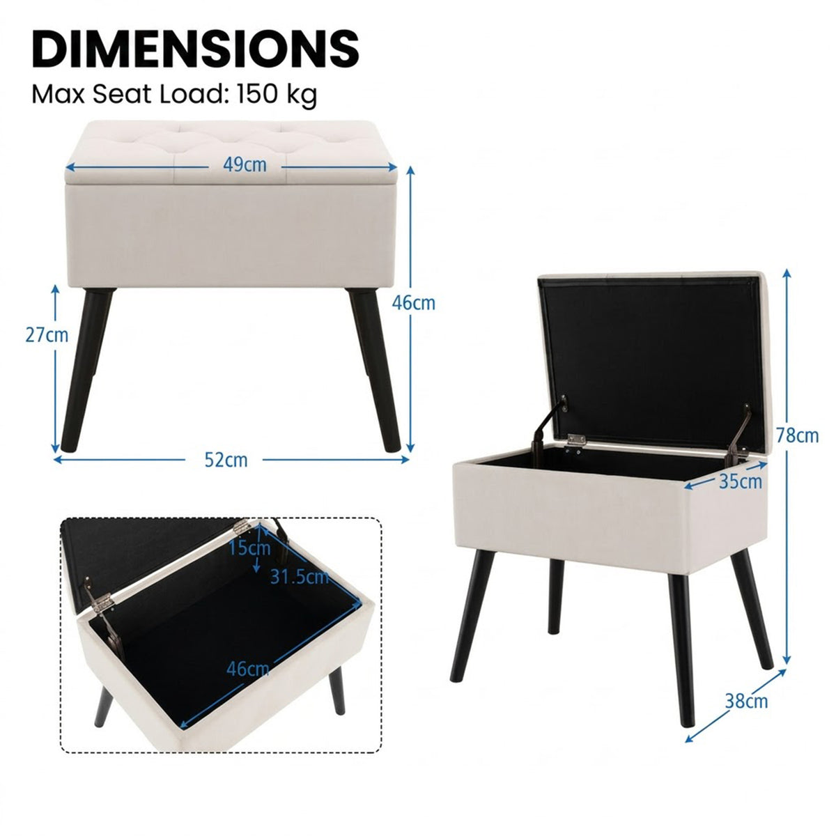 Velvet Storage Ottoman Flip Top Footrest Upholstered Stool Solid Wood Legs