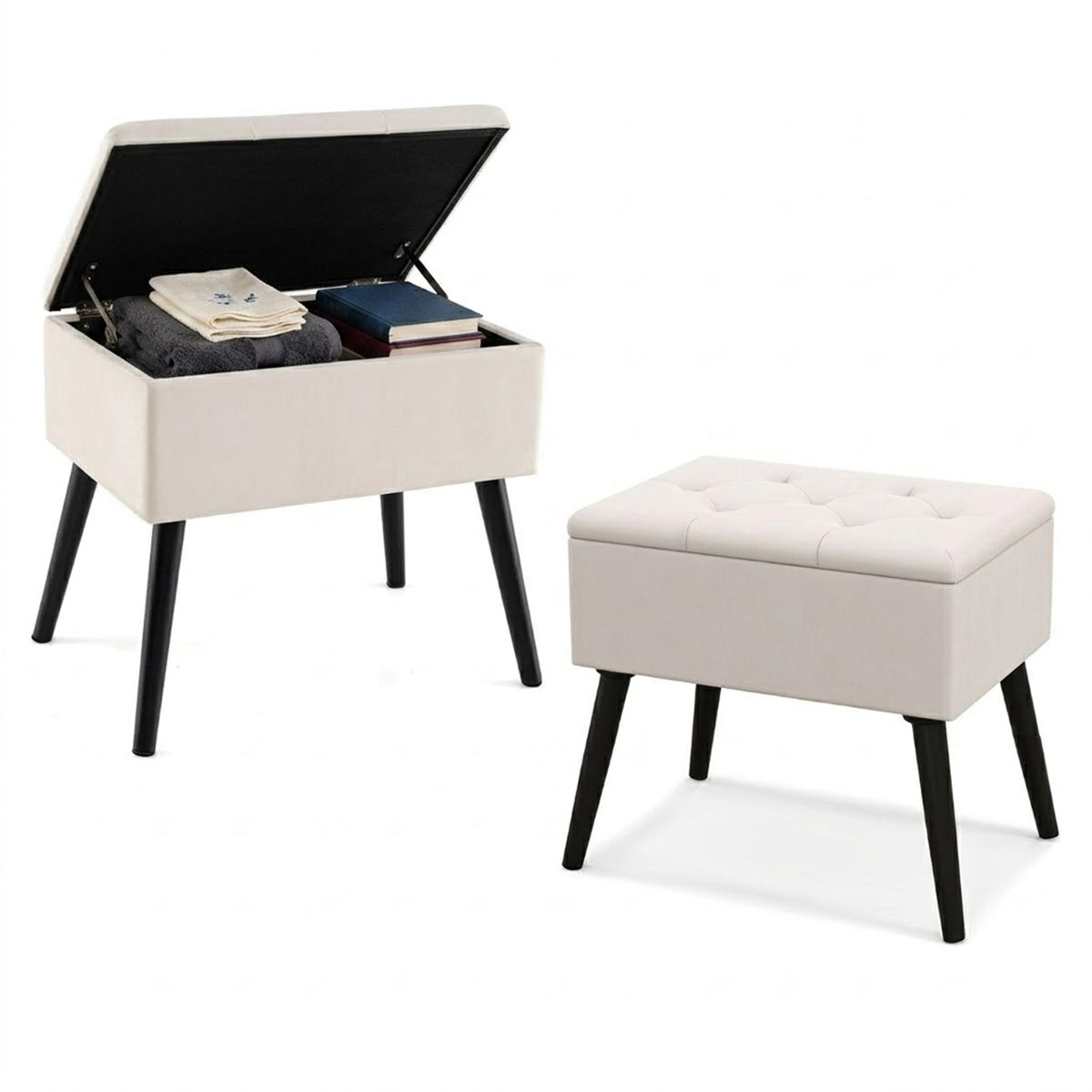 Velvet Storage Ottoman Flip Top Footrest Upholstered Stool Solid Wood Legs
