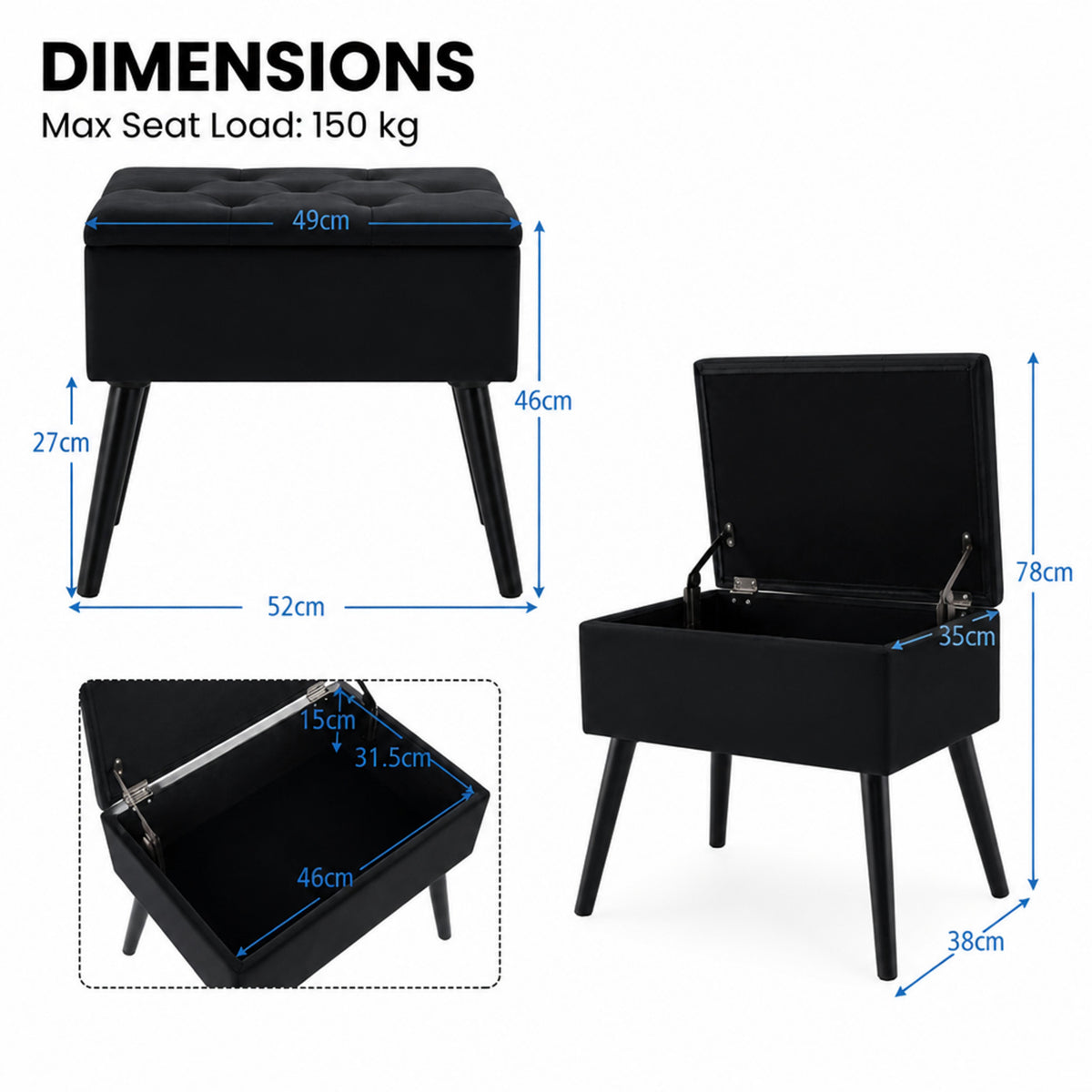 Velvet Storage Ottoman Flip Top Footrest Upholstered Stool Solid Wood Legs