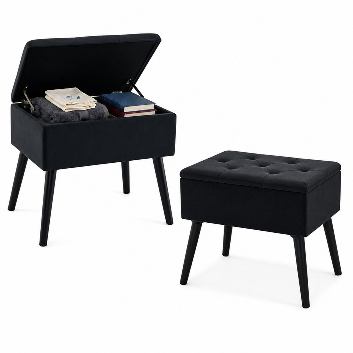 Velvet Storage Ottoman Flip Top Footrest Upholstered Stool Solid Wood Legs