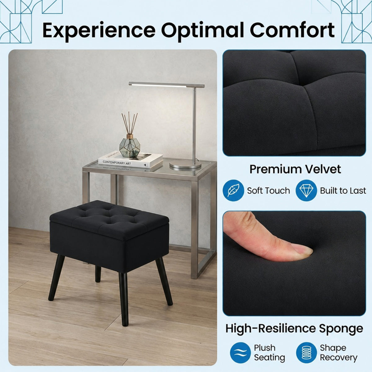 Velvet Storage Ottoman Flip Top Footrest Upholstered Stool Solid Wood Legs