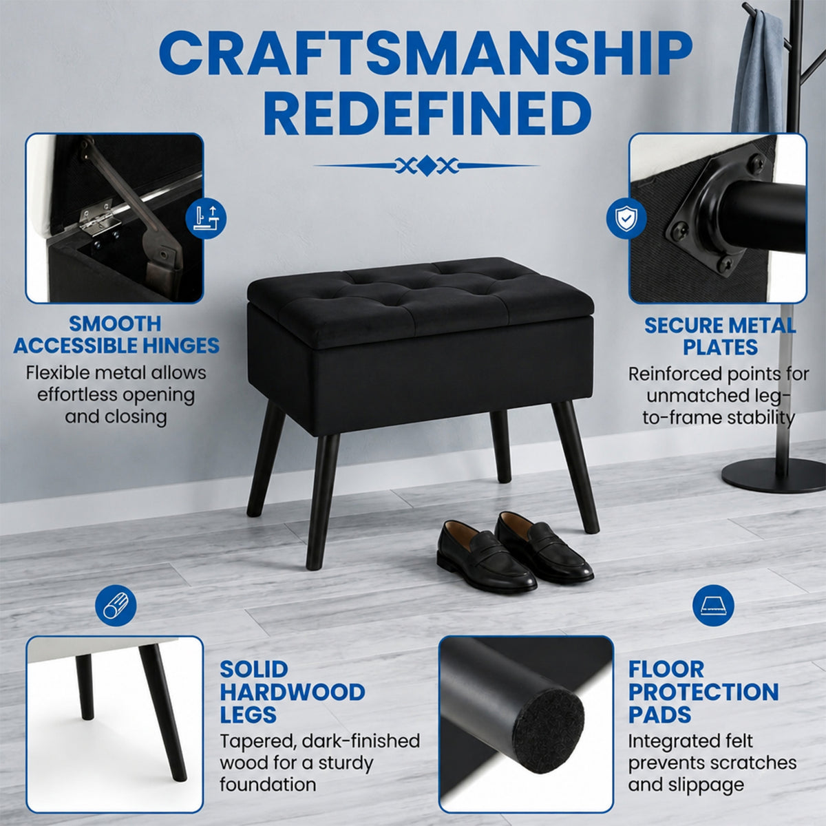 Velvet Storage Ottoman Flip Top Footrest Upholstered Stool Solid Wood Legs