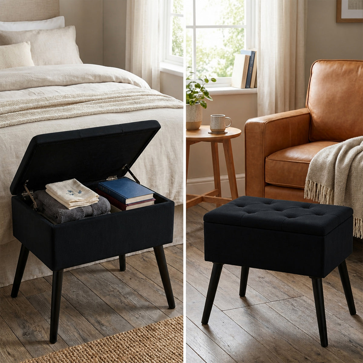 Velvet Storage Ottoman Flip Top Footrest Upholstered Stool Solid Wood Legs