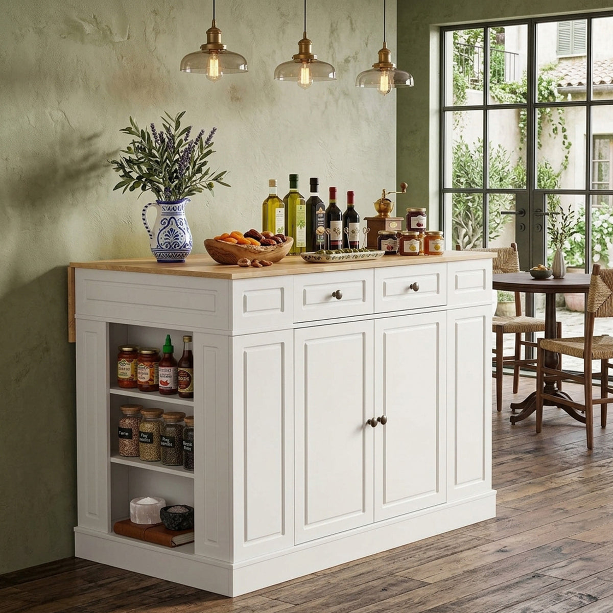 Kitchen Island with Drop Leaf Countertop 3 Level Adjustable Shelves Storage