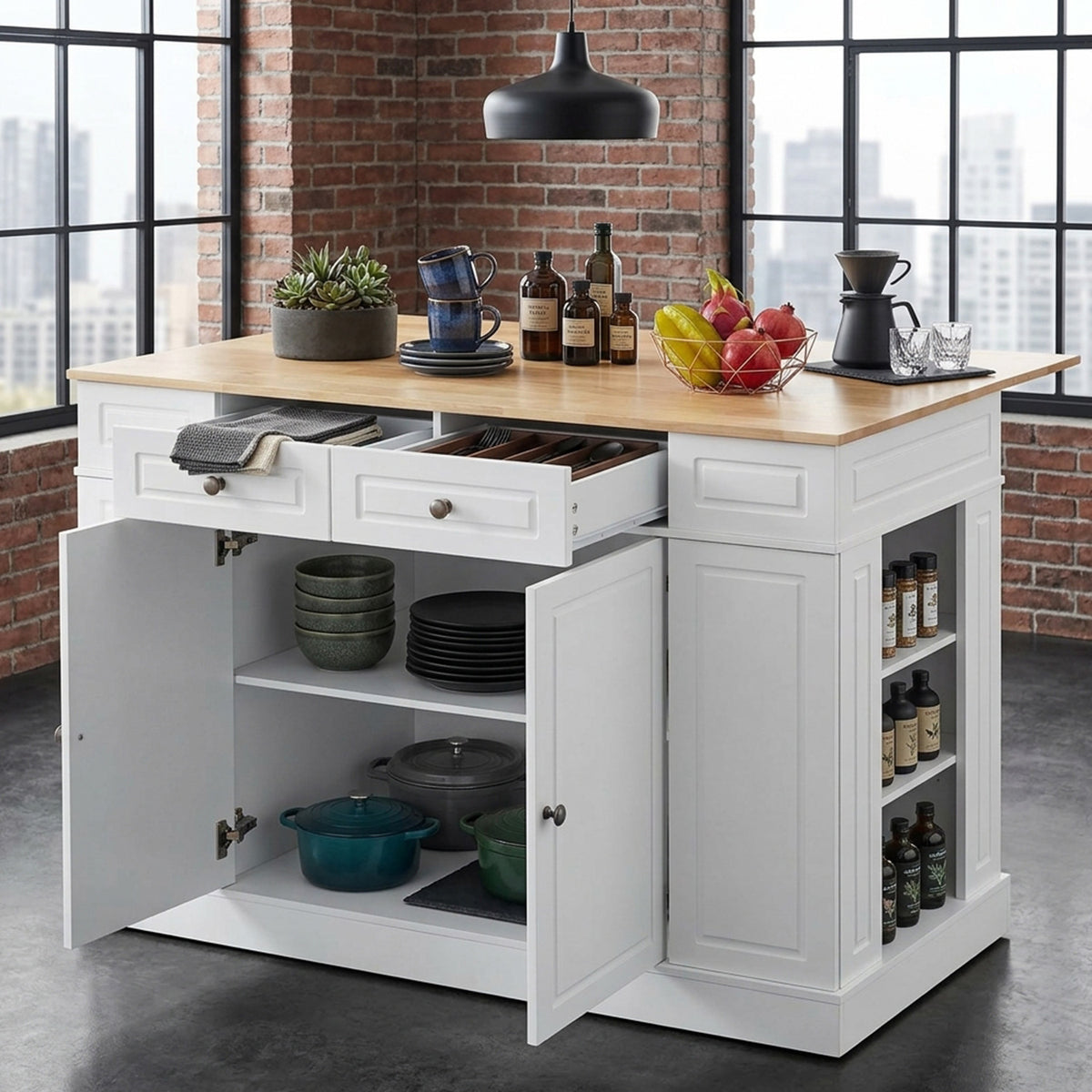 Kitchen Island with Drop Leaf Countertop 3 Level Adjustable Shelves Storage