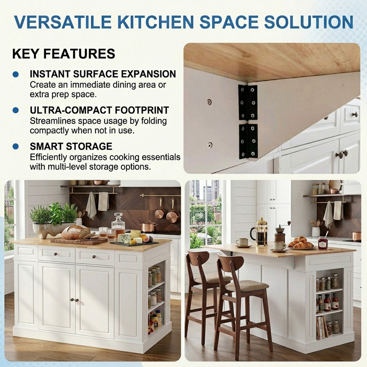 Kitchen Island with Drop Leaf Countertop 3 Level Adjustable Shelves Storage