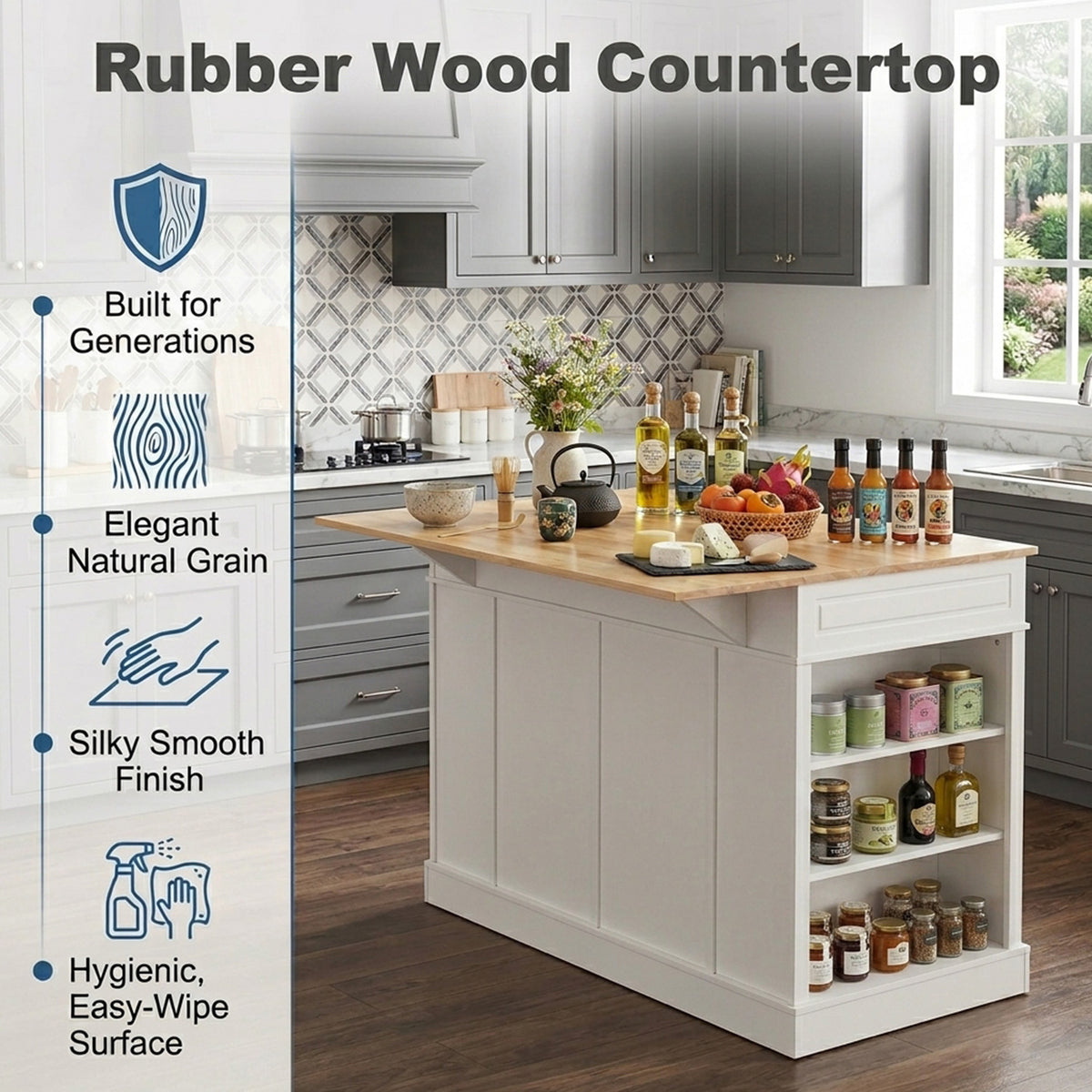 Kitchen Island with Drop Leaf Countertop 3 Level Adjustable Shelves Storage