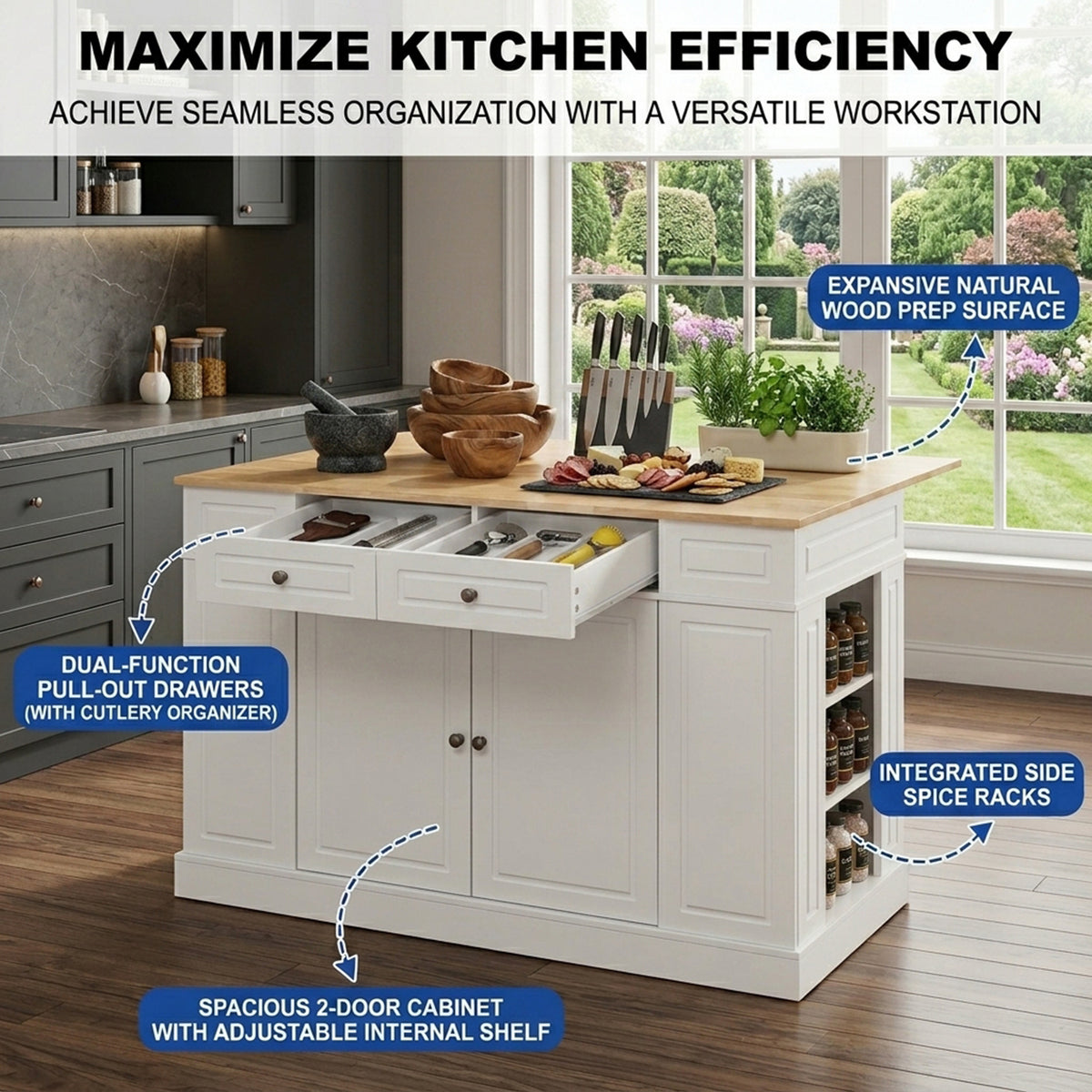 Kitchen Island with Drop Leaf Countertop 3 Level Adjustable Shelves Storage
