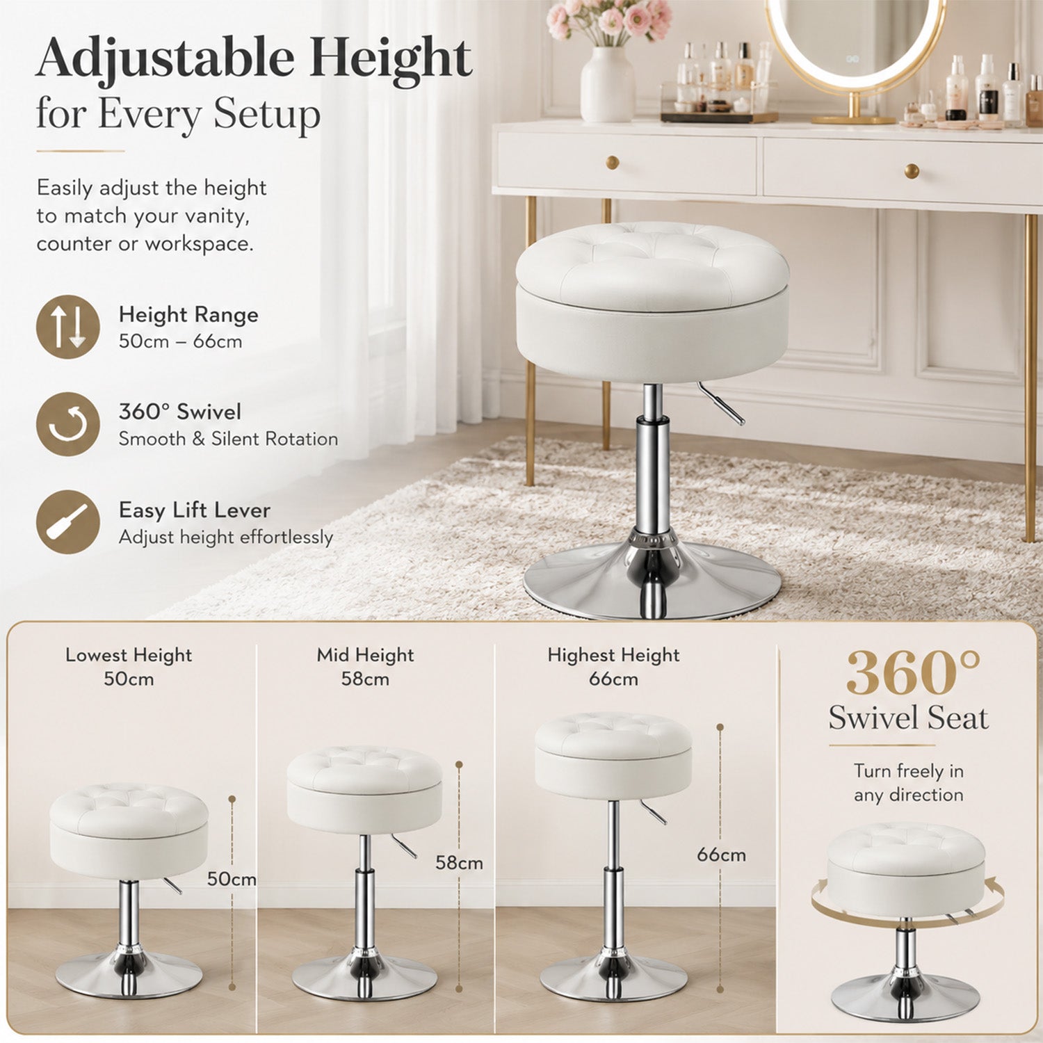 360 Degree Swivel Adjustable Stool PU Leather Seat Furniture Bar Chair
