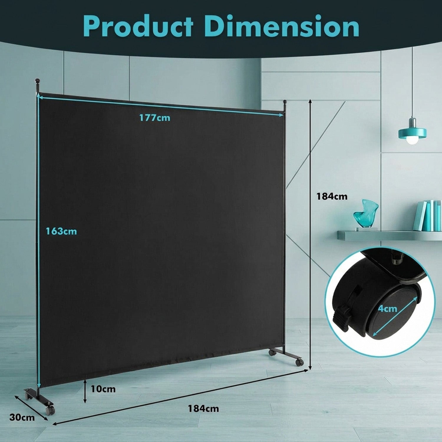 184cm Fabric Single Panel Room Divider with Wheels Home Office Furniture
