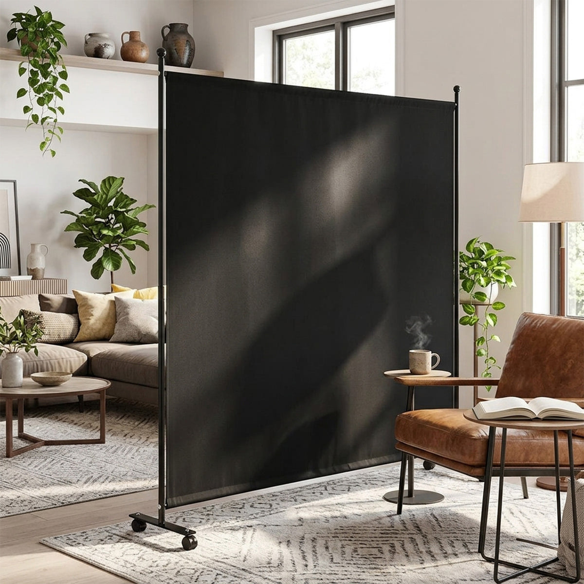 184cm Fabric Single Panel Room Divider with Wheels Home Office Furniture