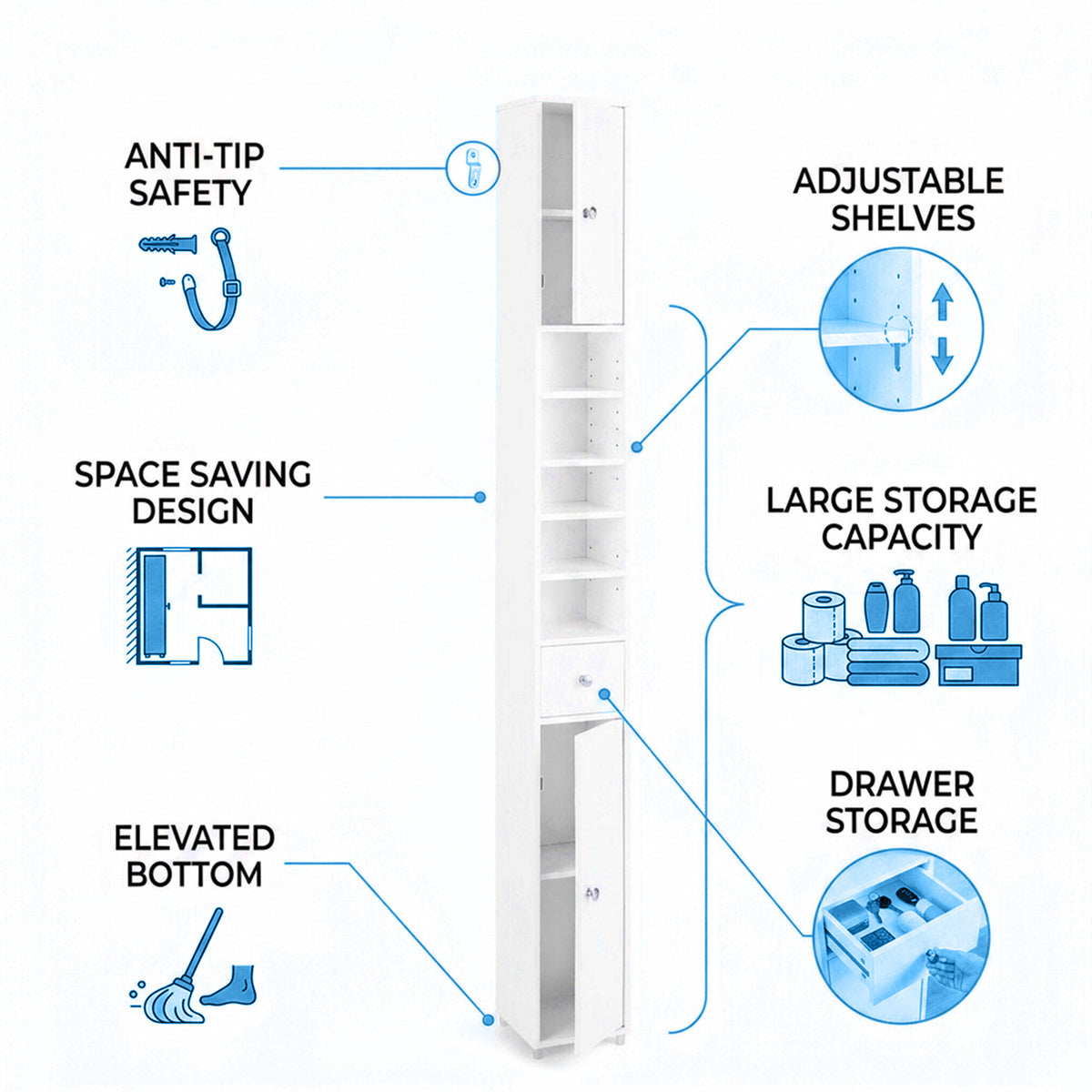 Slim Bathroom Tall Cabinet with 2 Doors 1 Drawer 5 Shelves Furniture White