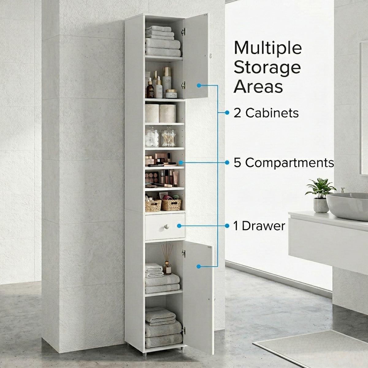 Slim Bathroom Tall Cabinet with 2 Doors 1 Drawer 5 Shelves Furniture White