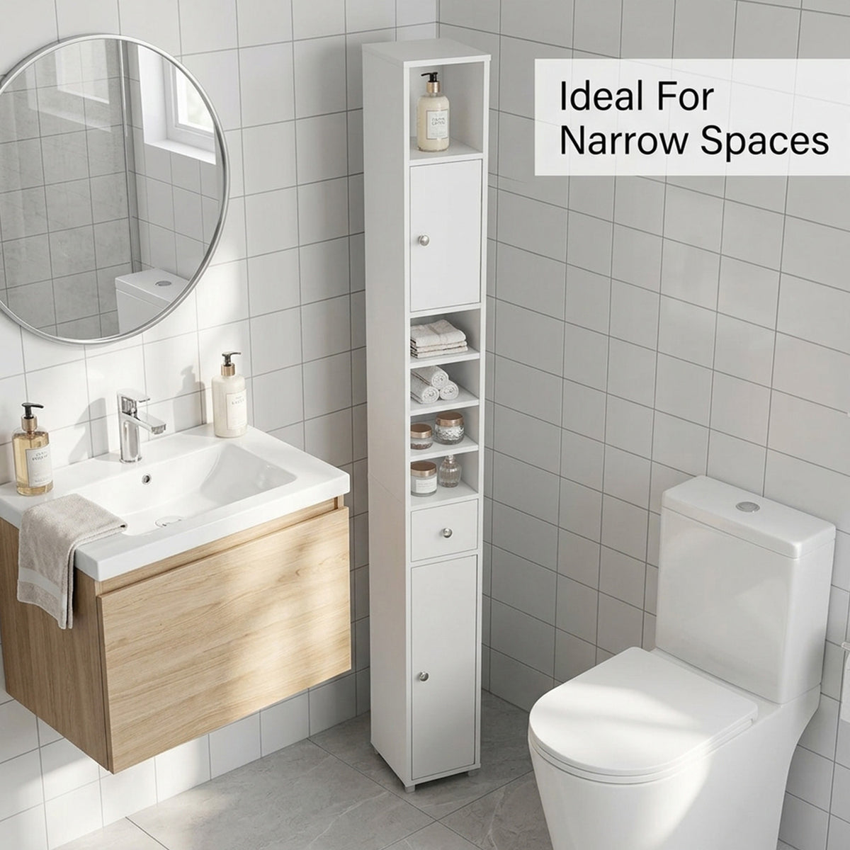 Slim Bathroom Tall Cabinet with 2 Doors 1 Drawer 5 Shelves Furniture White