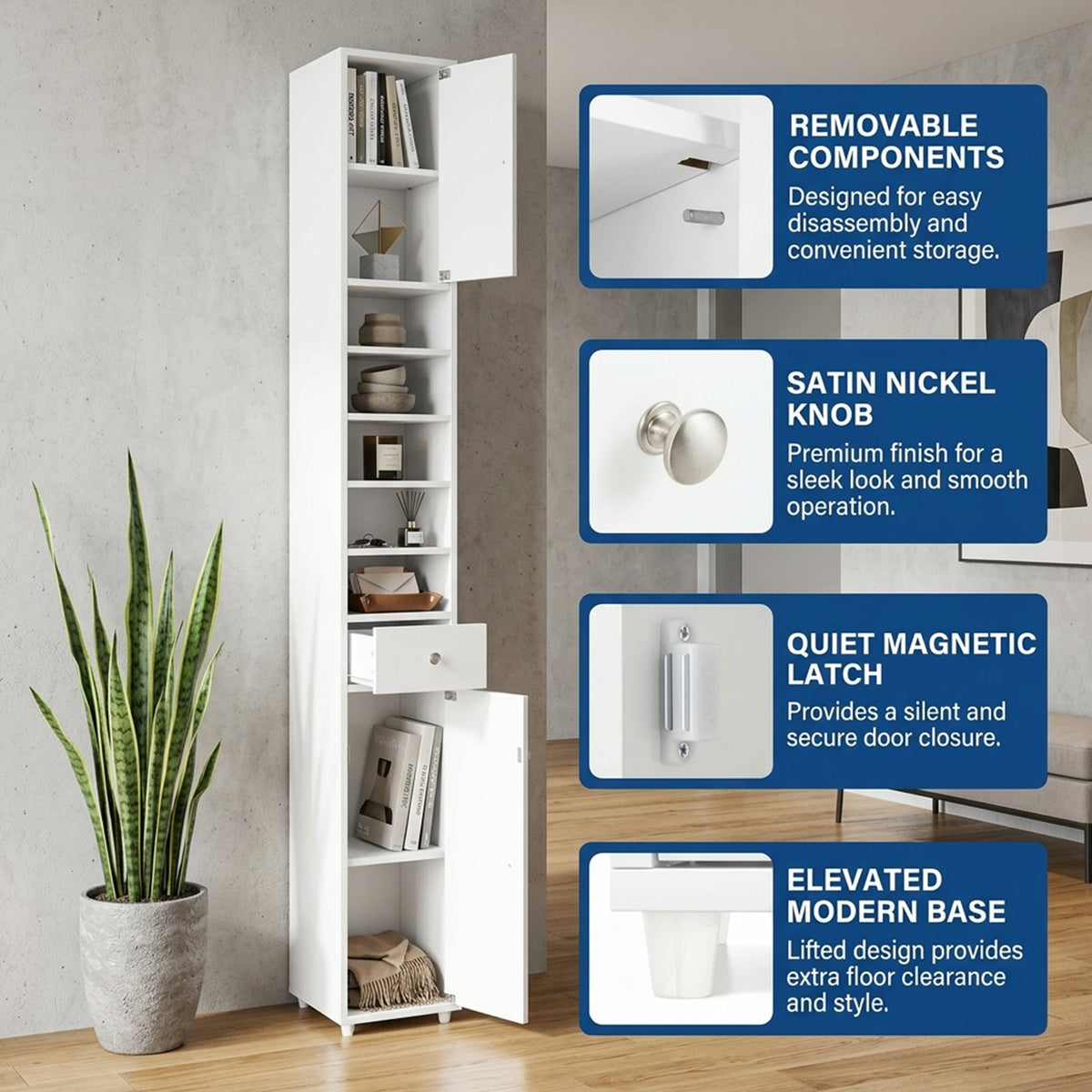 Slim Bathroom Tall Cabinet with 2 Doors 1 Drawer 5 Shelves Furniture White