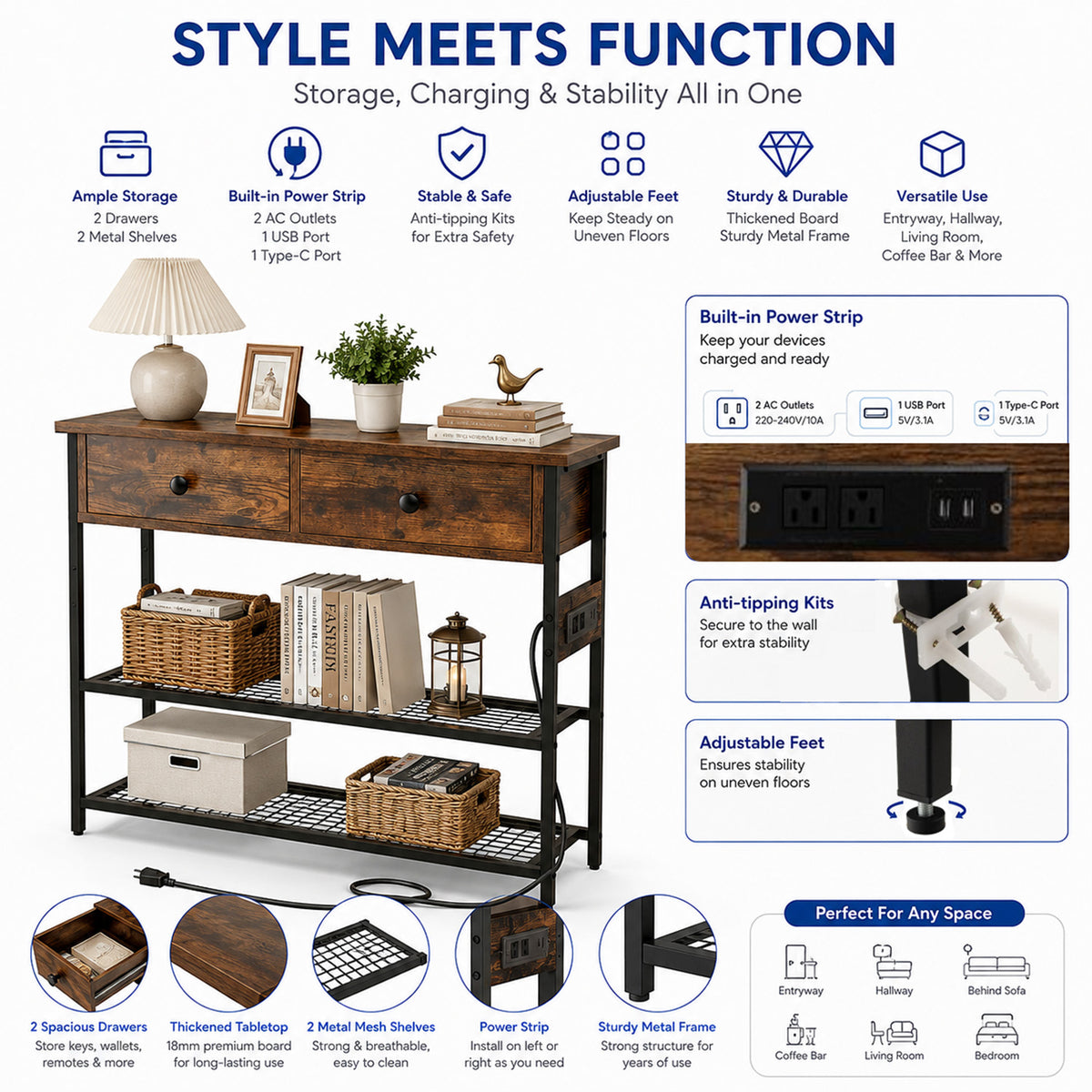 Console Table with Charging Station Living Room Entry Furniture Home