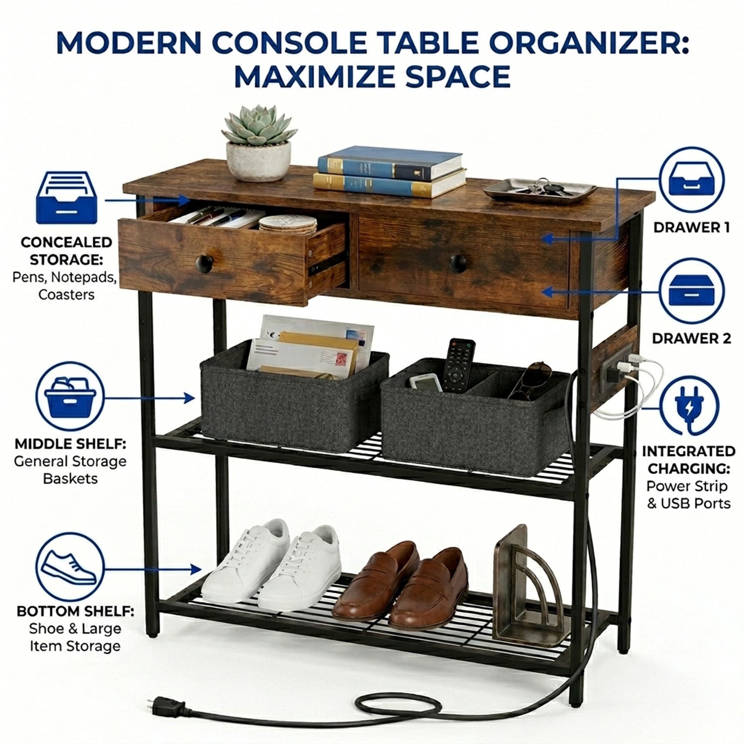 Console Table with Charging Station Living Room Entry Furniture Home