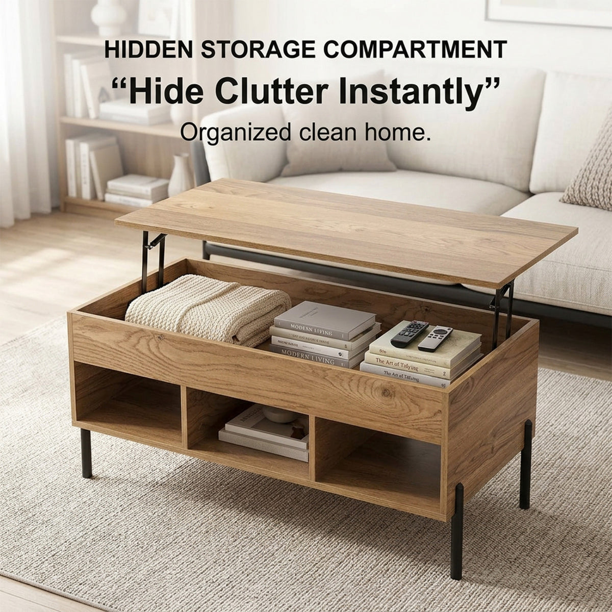 Lift Top Coffee Table with Hidden Compartment 3 Open Cubbies Furniture