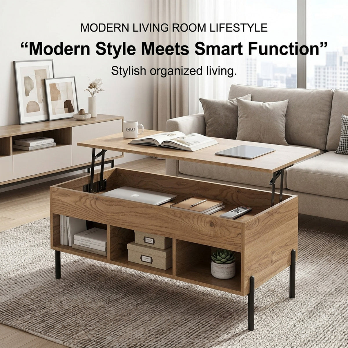 Lift Top Coffee Table with Hidden Compartment 3 Open Cubbies Furniture