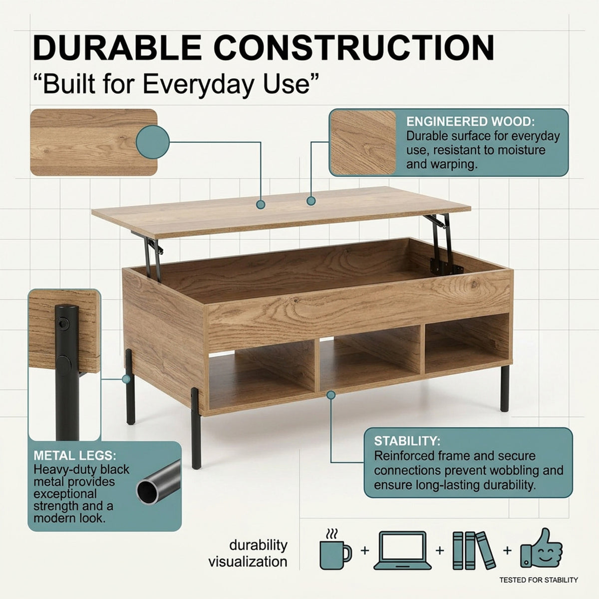 Lift Top Coffee Table with Hidden Compartment 3 Open Cubbies Furniture