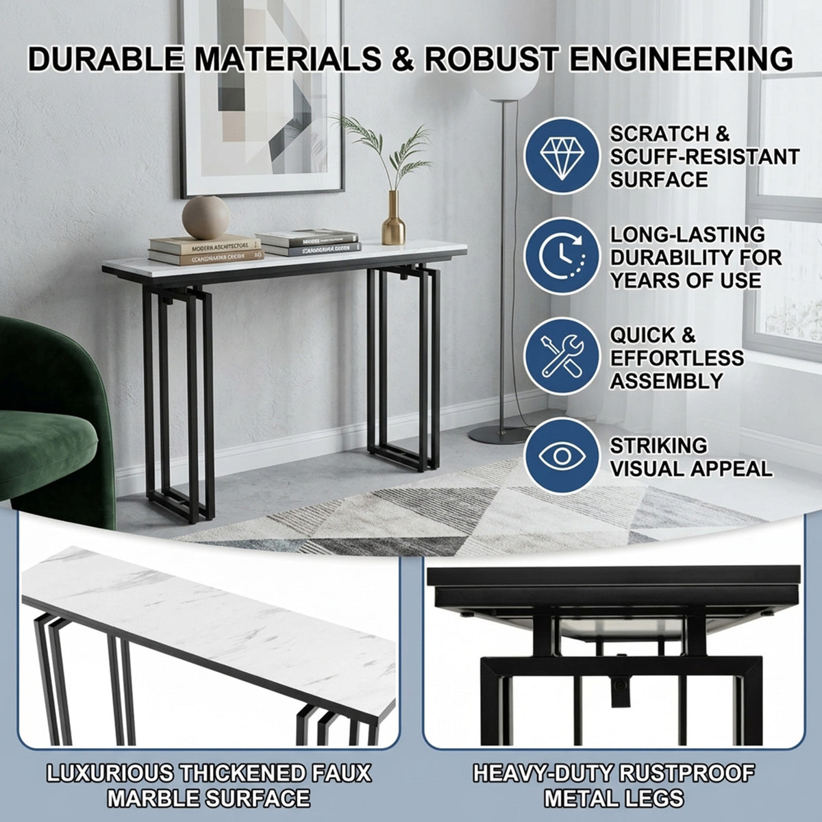 110cm Faux Marble Console Table with Sturdy Metal Legs Furniture Home