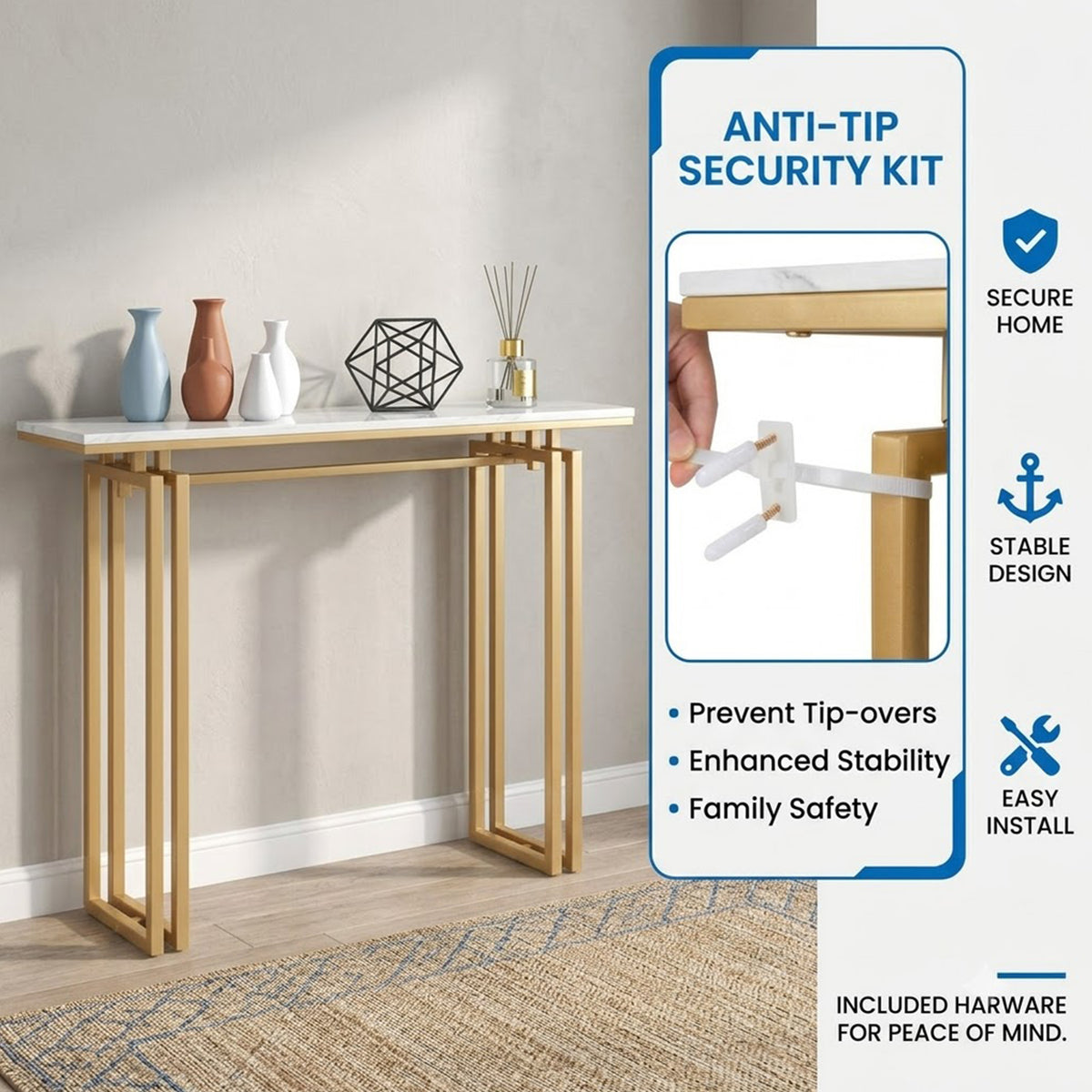 110cm Faux Marble Console Table Gold Metal Legs Entryway Sofa Side Table