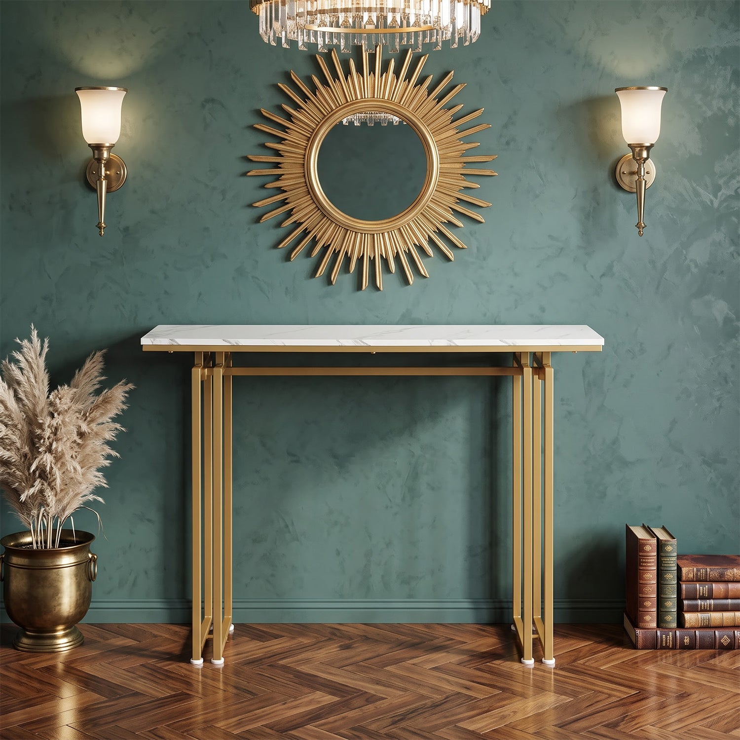 110cm Faux Marble Console Table Gold Metal Legs Entryway Sofa Side Table