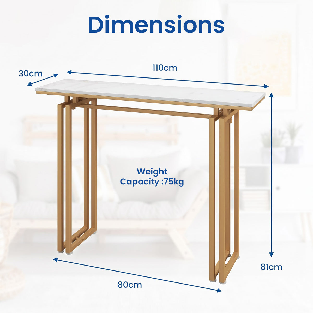 110cm Faux Marble Console Table Gold Metal Legs Entryway Sofa Side Table