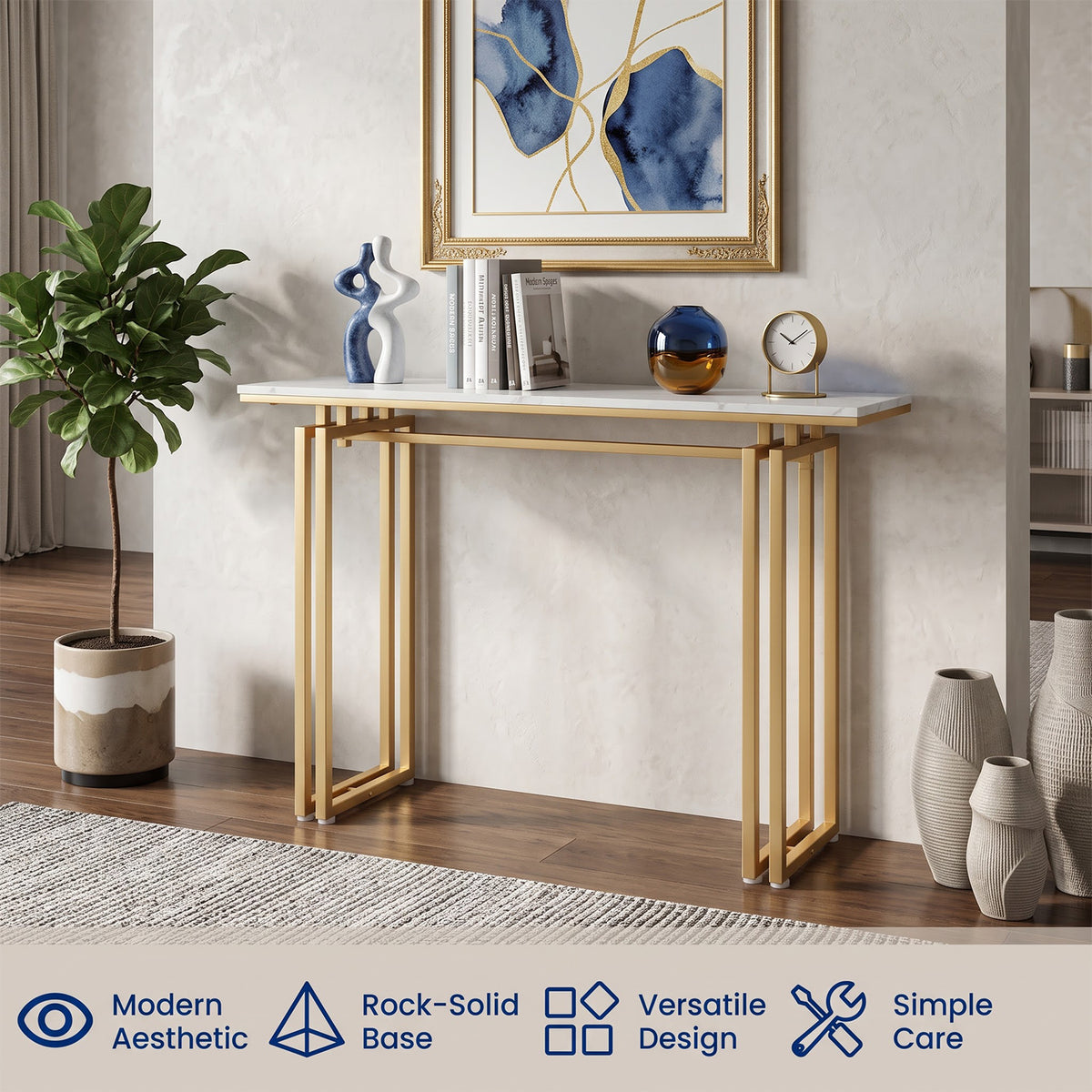 110cm Faux Marble Console Table Gold Metal Legs Entryway Sofa Side Table