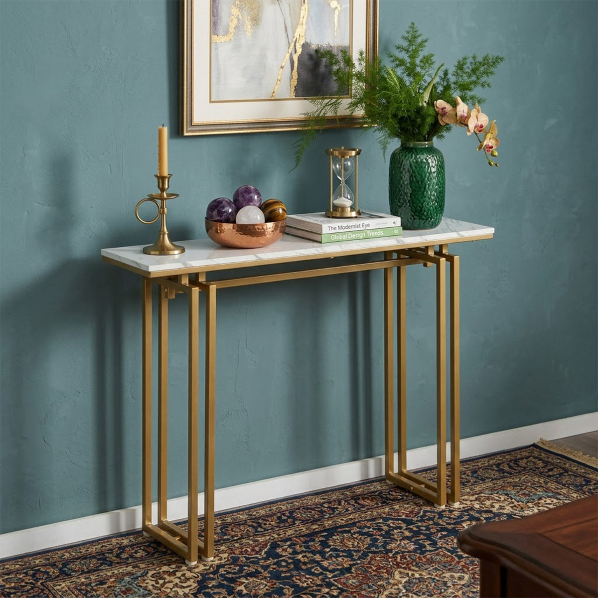 110cm Faux Marble Console Table Gold Metal Legs Entryway Sofa Side Table