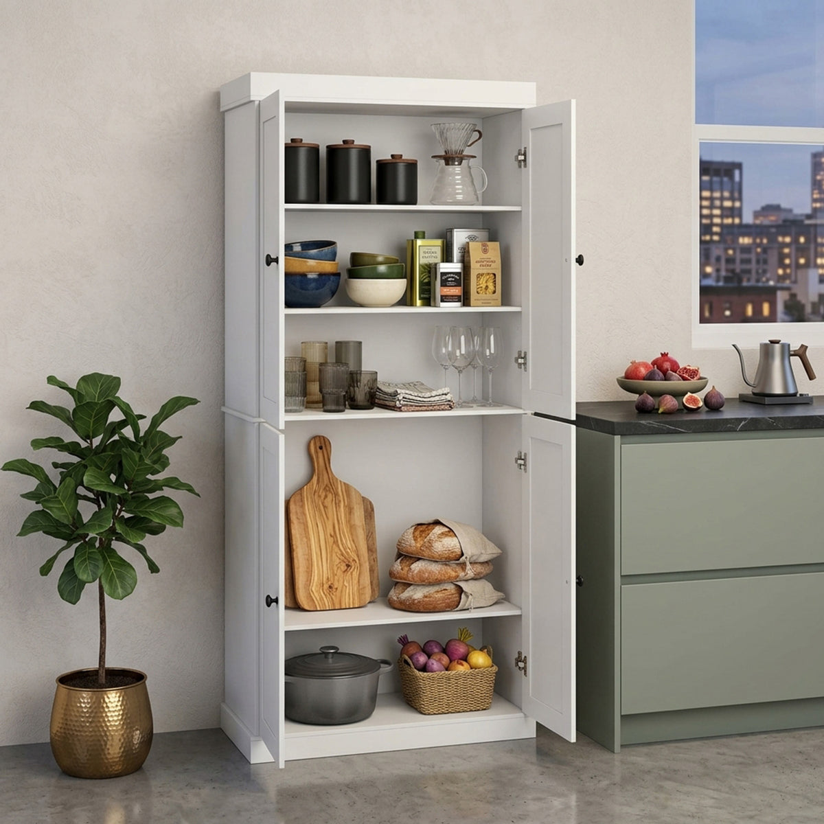 4 Door Kitchen Pantry with 6 Tier Shelves Furniture Dining Room Storage