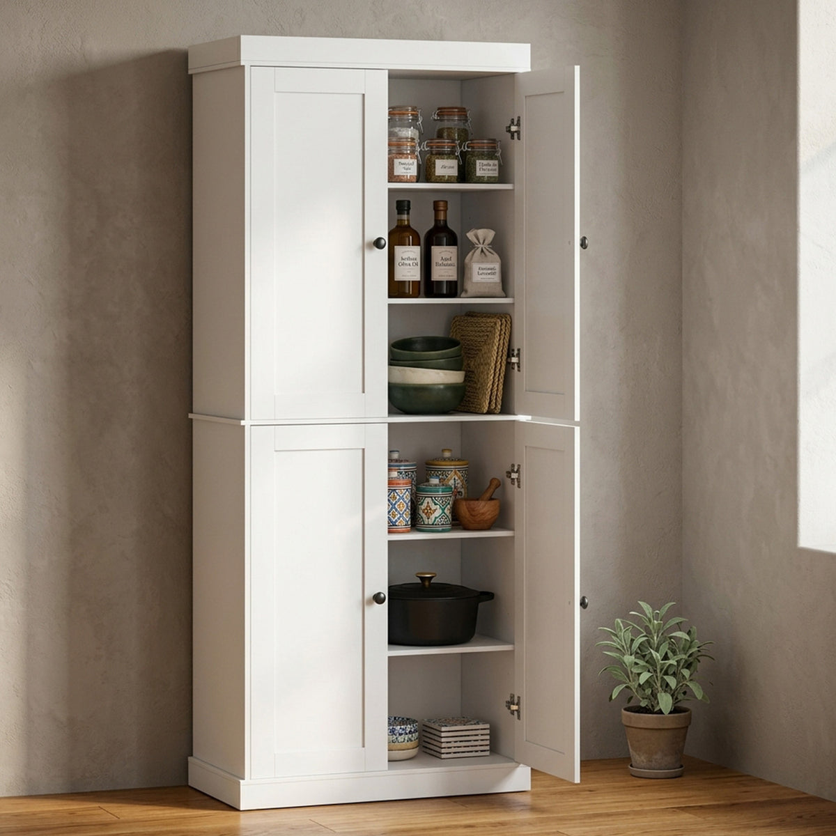 4 Door Kitchen Pantry with 6 Tier Shelves Furniture Dining Room Storage