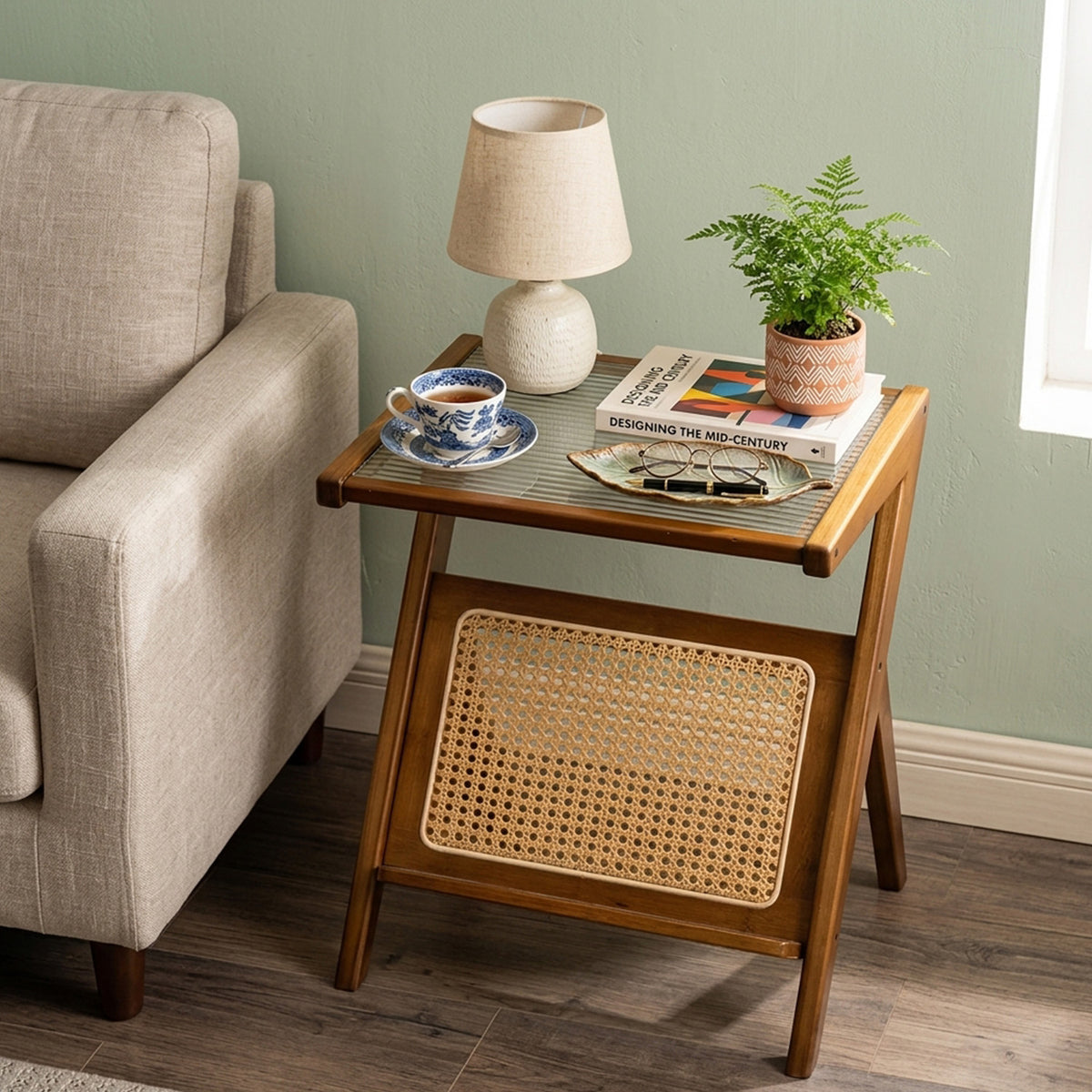 Z Shaped Boho Bamboo End Table with Tempered Glass Top Furniture Home