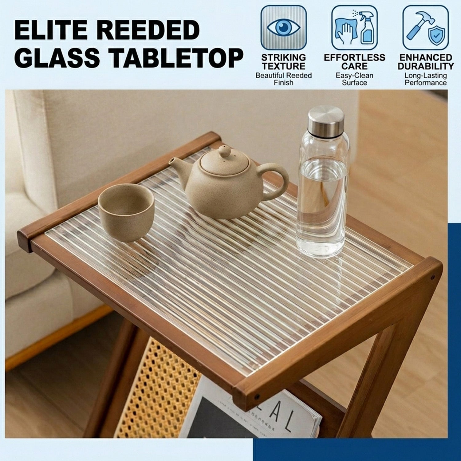 Z Shaped Boho Bamboo End Table with Tempered Glass Top Furniture Home