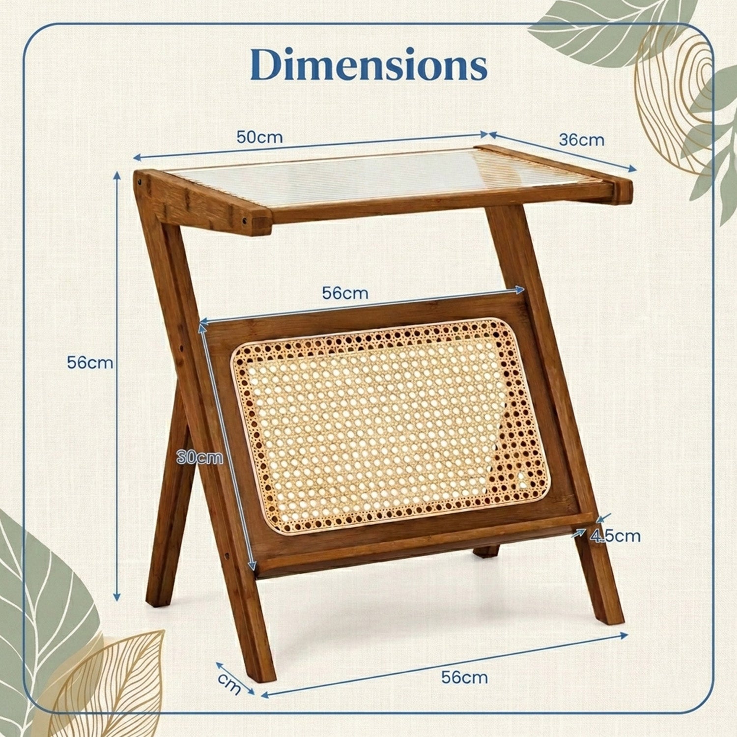 Z Shaped Boho Bamboo End Table with Tempered Glass Top Furniture Home